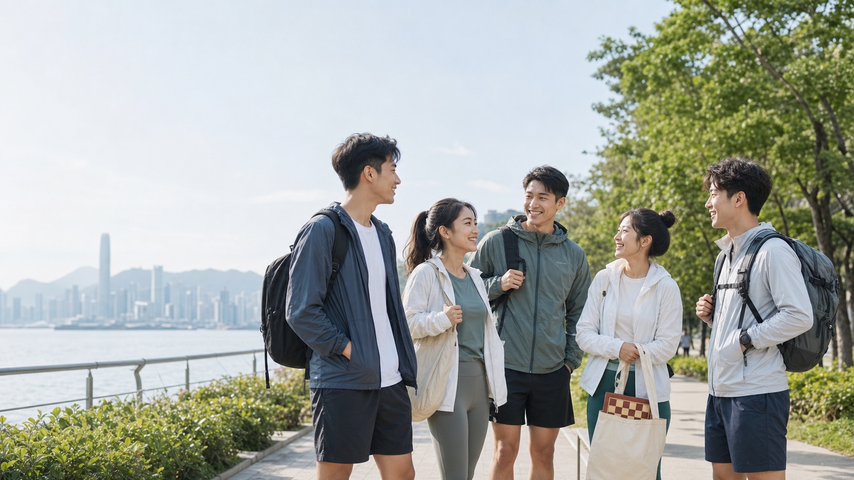 朋友在香港海濱一同出發參加活動